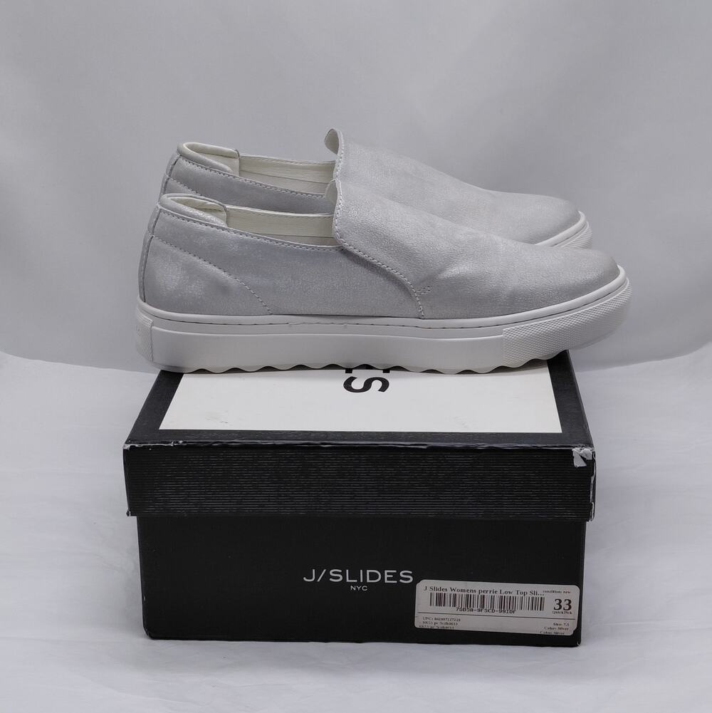 J Slides Perrie Low Top Sneakers Women's 7.5 Silver Leather Suede Comfort Shoes